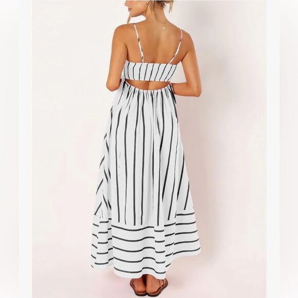Chouyatou Women's Striped Back Smocked Maxi Flowy Swing Long Dress - Picture 3 of 7